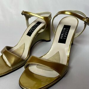 Stuart Weitzman Gold Metallic Block Heel Sandals Ankle Strap 6 – 6.5